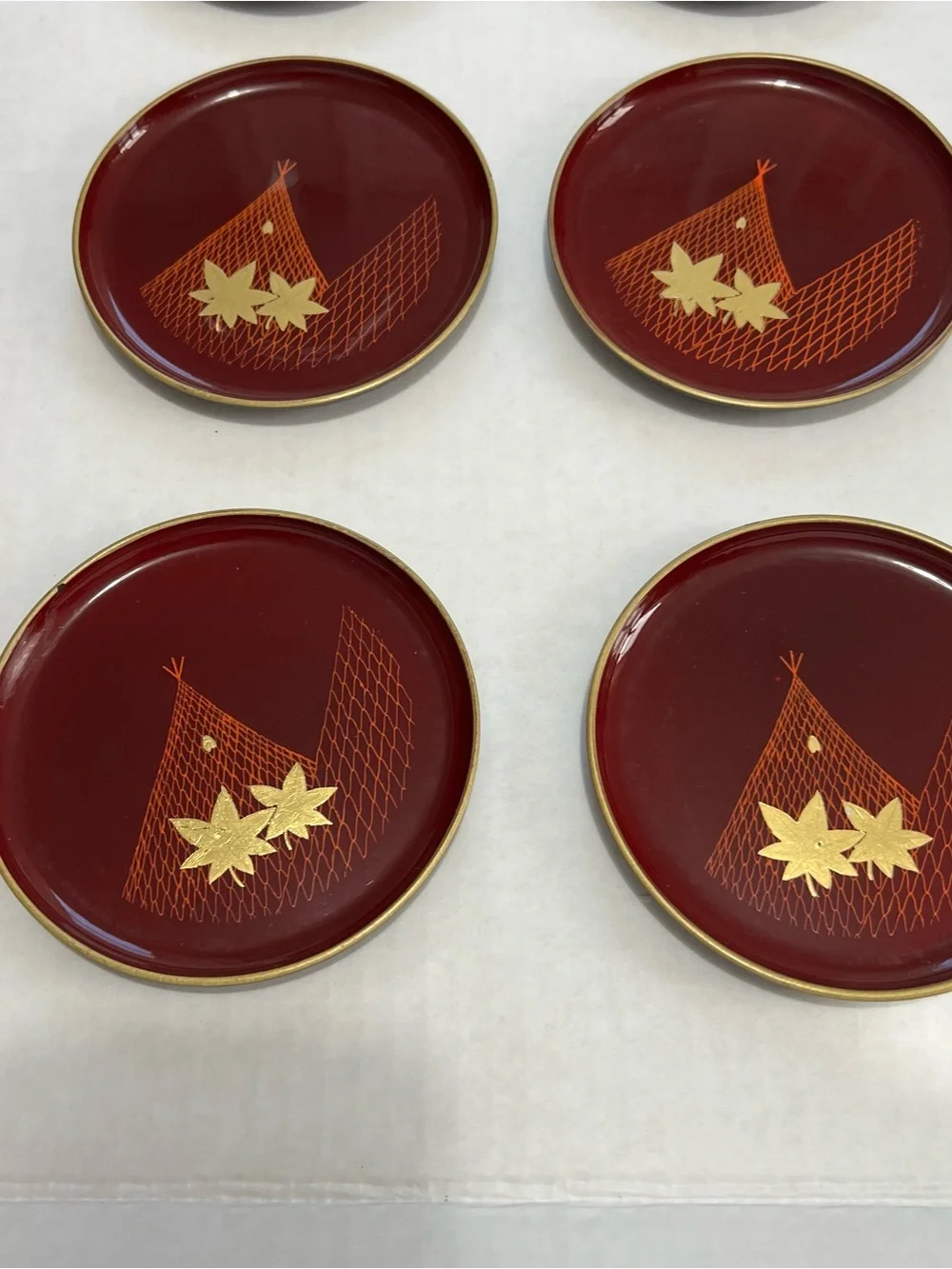 Otagiri Japan Vintage Set Of 6 Maroon Gold Leaf Coasters With Storage